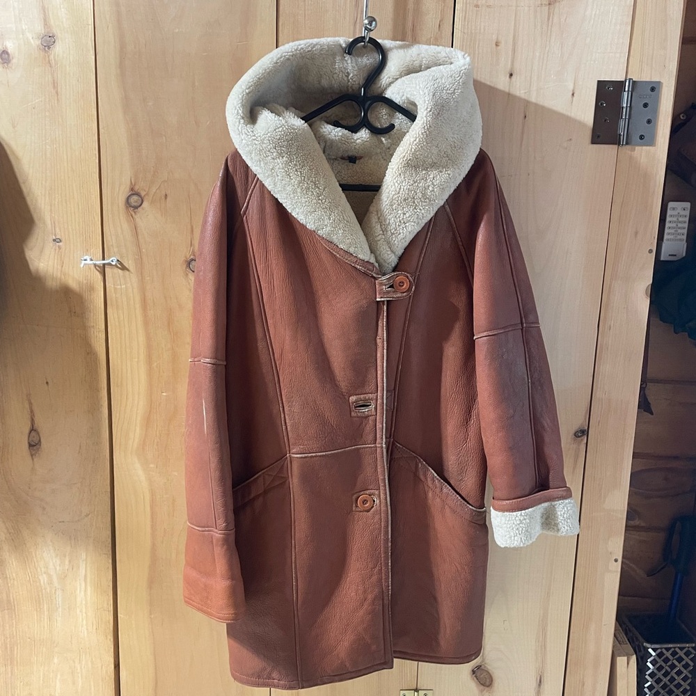Leather/shearling lined hooded coat